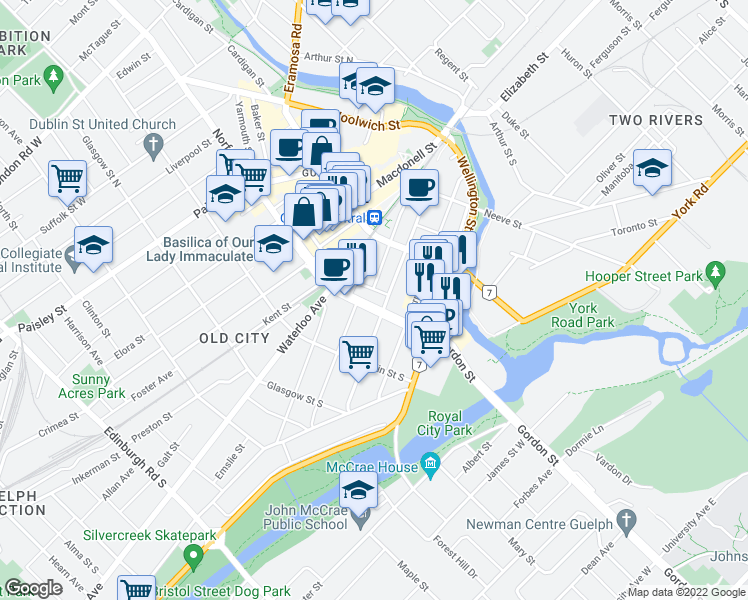 map of restaurants, bars, coffee shops, grocery stores, and more near 32 Gordon Street in Guelph