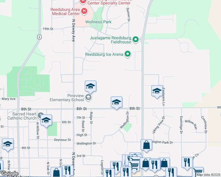 map of restaurants, bars, coffee shops, grocery stores, and more near 1233 8th Street in Reedsburg