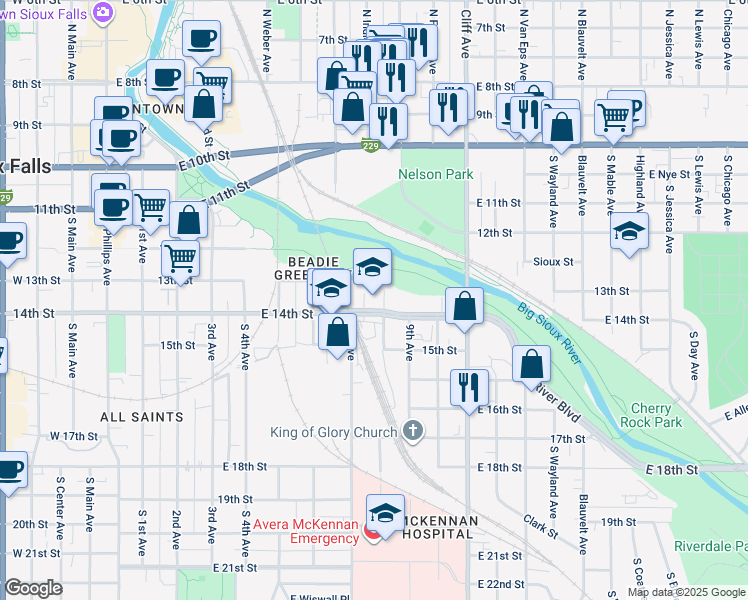 map of restaurants, bars, coffee shops, grocery stores, and more near 824 East 14th Street in Sioux Falls