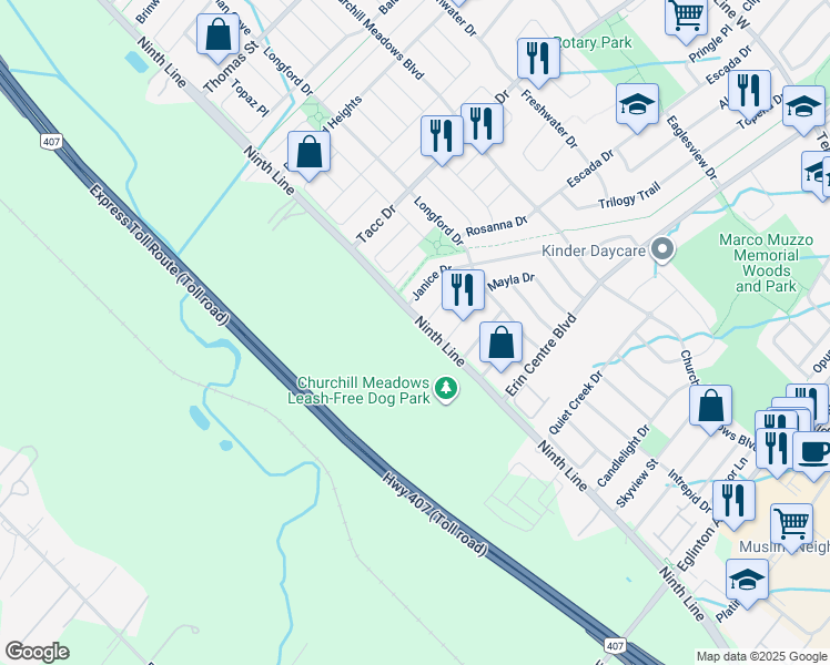 map of restaurants, bars, coffee shops, grocery stores, and more near 5320 Ninth Line in Mississauga