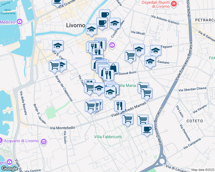 map of restaurants, bars, coffee shops, grocery stores, and more near 6 Via Calzabigi in Livorno