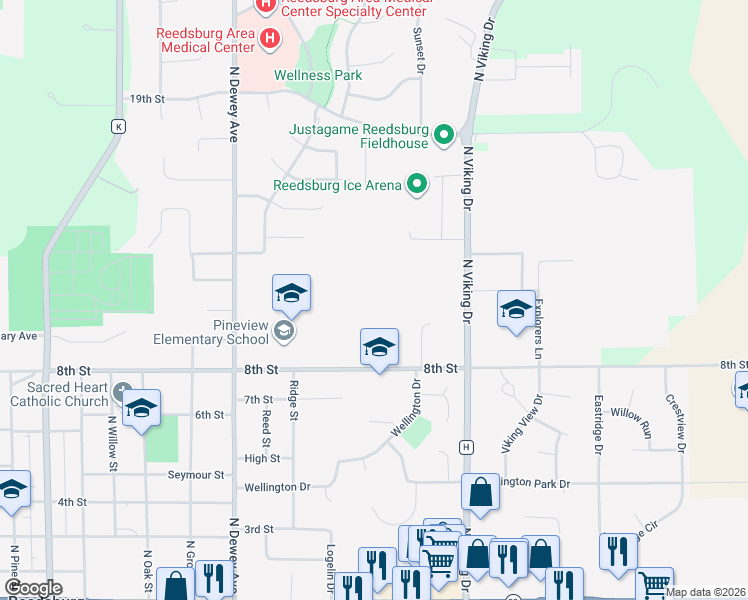 map of restaurants, bars, coffee shops, grocery stores, and more near 1351 8th Street in Reedsburg