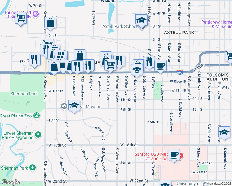 map of restaurants, bars, coffee shops, grocery stores, and more near in Sioux Falls