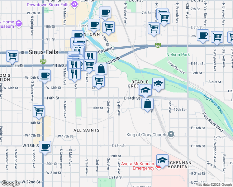 map of restaurants, bars, coffee shops, grocery stores, and more near 515 South 4th Avenue in Sioux Falls