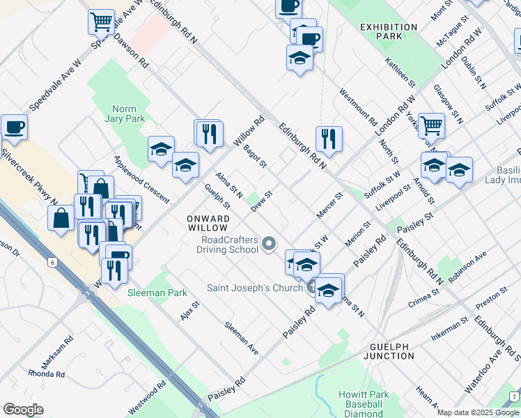 map of restaurants, bars, coffee shops, grocery stores, and more near in Guelph