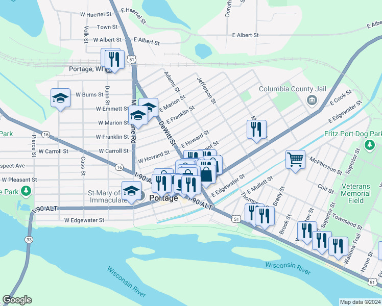 map of restaurants, bars, coffee shops, grocery stores, and more near 117 East Pleasant Street in Portage