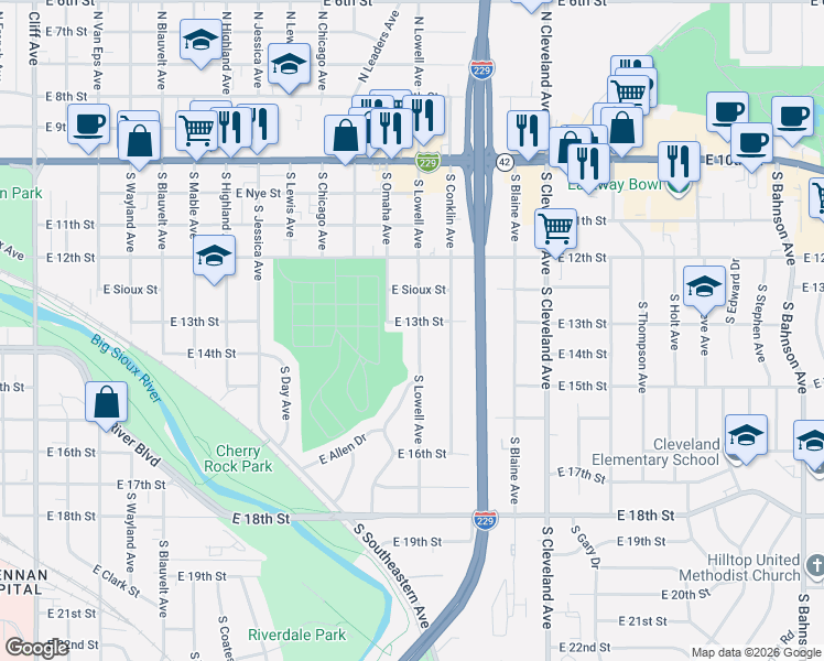 map of restaurants, bars, coffee shops, grocery stores, and more near 2407 East 13th Street in Sioux Falls
