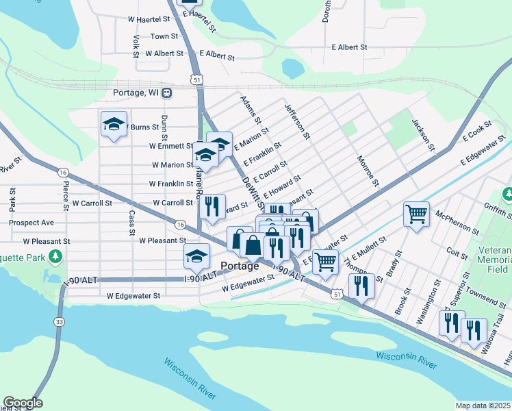 map of restaurants, bars, coffee shops, grocery stores, and more near 516 De Witt St in Portage