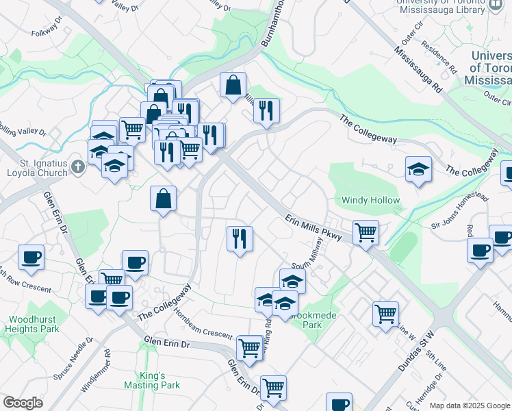 map of restaurants, bars, coffee shops, grocery stores, and more near 2155 South Millway in Mississauga