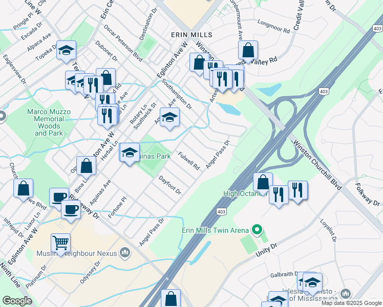 map of restaurants, bars, coffee shops, grocery stores, and more near 4822 Dunoon Drive in Mississauga