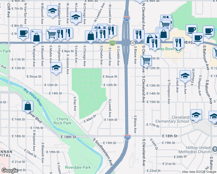 map of restaurants, bars, coffee shops, grocery stores, and more near 2407 East 13th Street in Sioux Falls