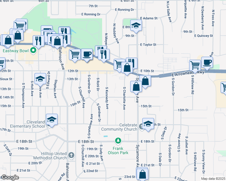 map of restaurants, bars, coffee shops, grocery stores, and more near 4217 East 12th Street in Sioux Falls