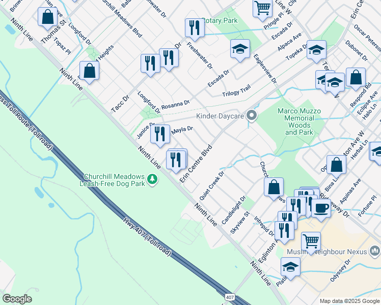 map of restaurants, bars, coffee shops, grocery stores, and more near 5301 Longford Drive in Mississauga