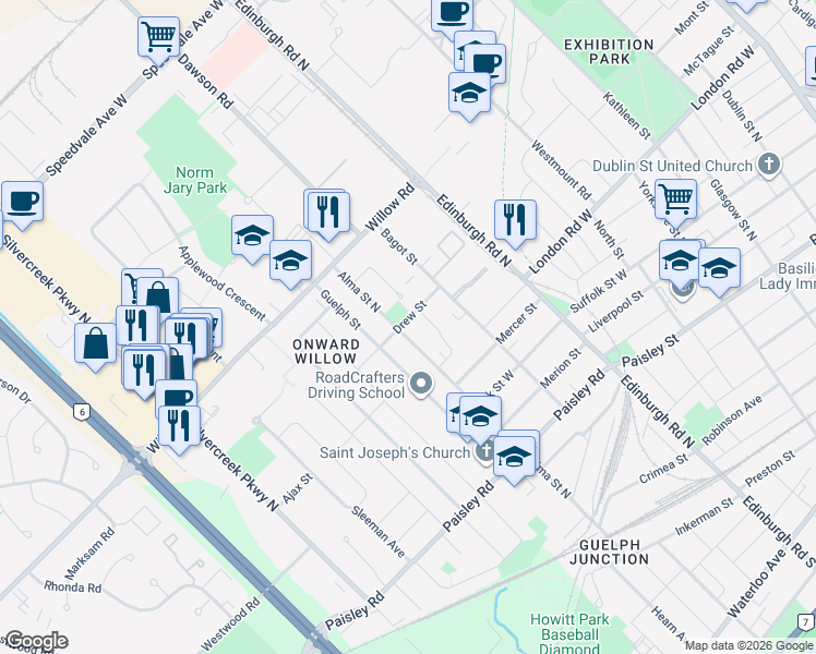 map of restaurants, bars, coffee shops, grocery stores, and more near 30 Drew Street in Guelph