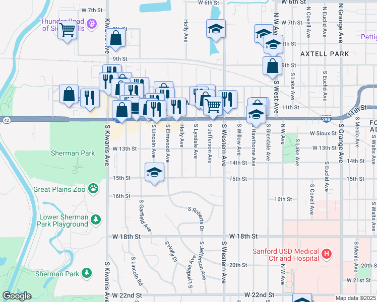 map of restaurants, bars, coffee shops, grocery stores, and more near 2113 West 13th Street in Sioux Falls