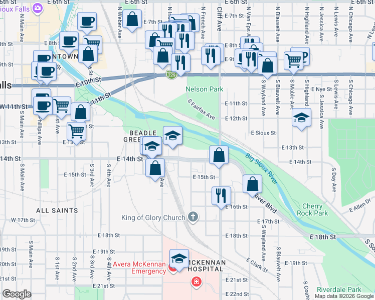 map of restaurants, bars, coffee shops, grocery stores, and more near 900 East 14th Street in Sioux Falls