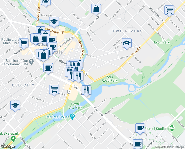 map of restaurants, bars, coffee shops, grocery stores, and more near 68 Wyndham Street South in Guelph