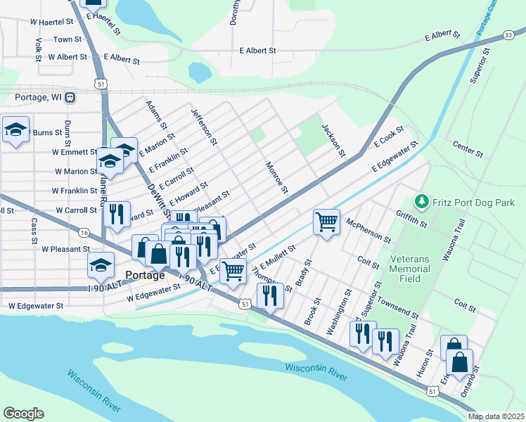 map of restaurants, bars, coffee shops, grocery stores, and more near 401 East Cook Street in Portage