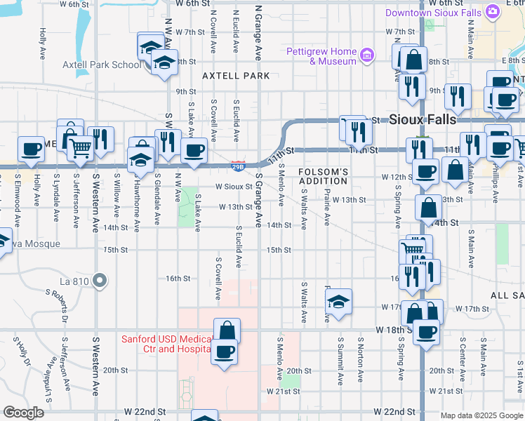 map of restaurants, bars, coffee shops, grocery stores, and more near 512 South Grange Avenue in Sioux Falls