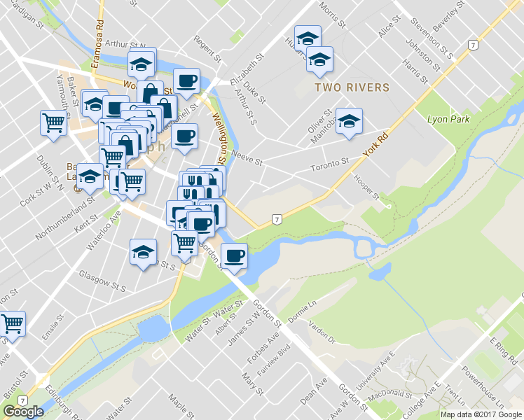 map of restaurants, bars, coffee shops, grocery stores, and more near 68 Wyndham Street South in Guelph