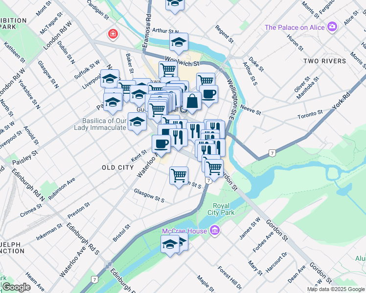 map of restaurants, bars, coffee shops, grocery stores, and more near 32 Gordon Street in Guelph