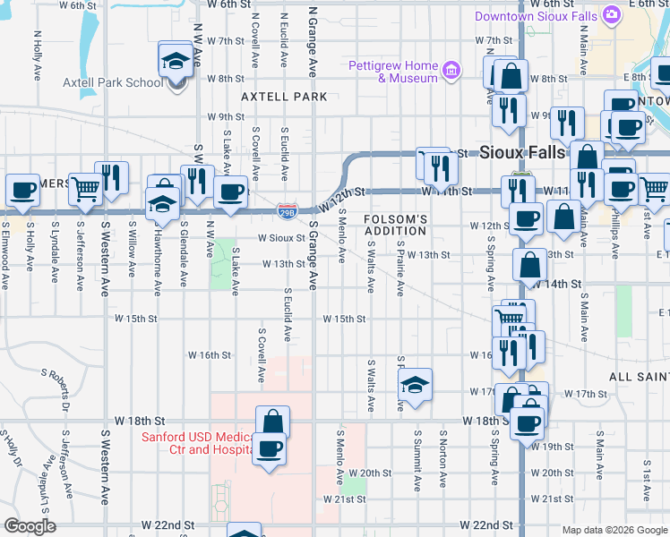 map of restaurants, bars, coffee shops, grocery stores, and more near 510 South Menlo Avenue in Sioux Falls