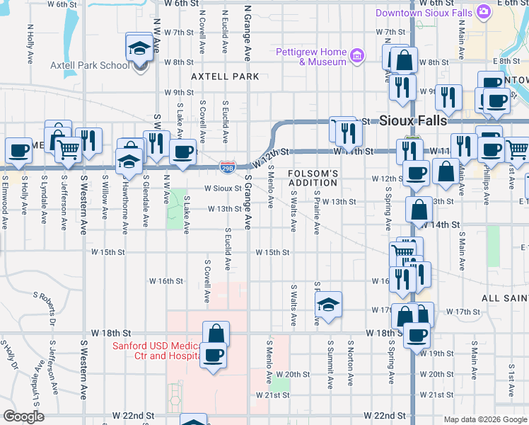 map of restaurants, bars, coffee shops, grocery stores, and more near 512 South Grange Avenue in Sioux Falls