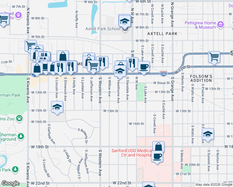 map of restaurants, bars, coffee shops, grocery stores, and more near 508 South Hawthorne Avenue in Sioux Falls