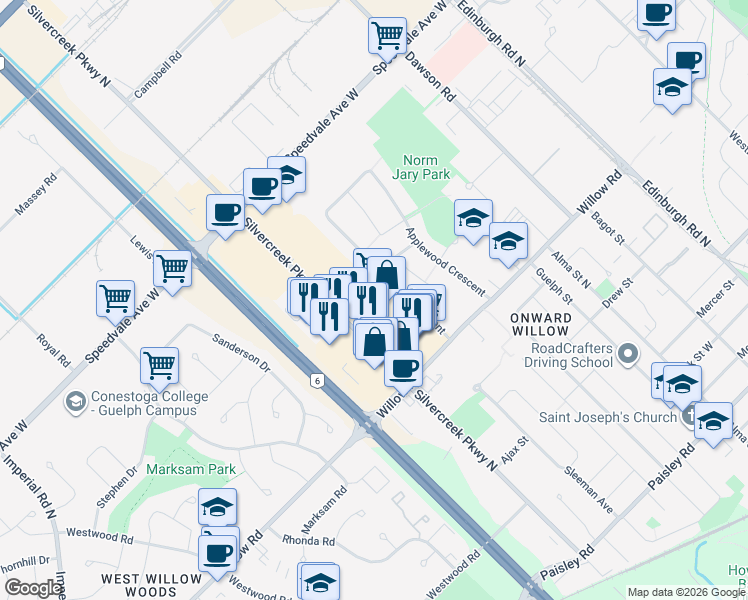 map of restaurants, bars, coffee shops, grocery stores, and more near 191 Silvercreek Parkway North in Guelph