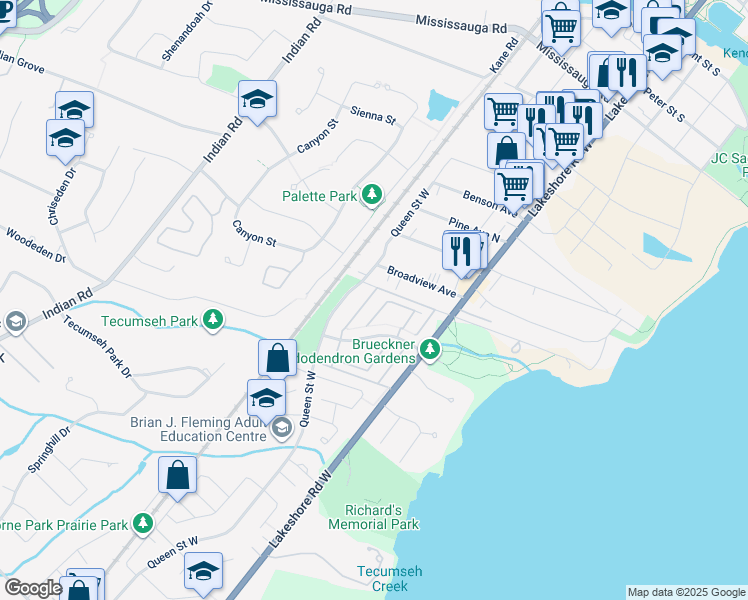 map of restaurants, bars, coffee shops, grocery stores, and more near 1055 Shawnmarr Road in Mississauga