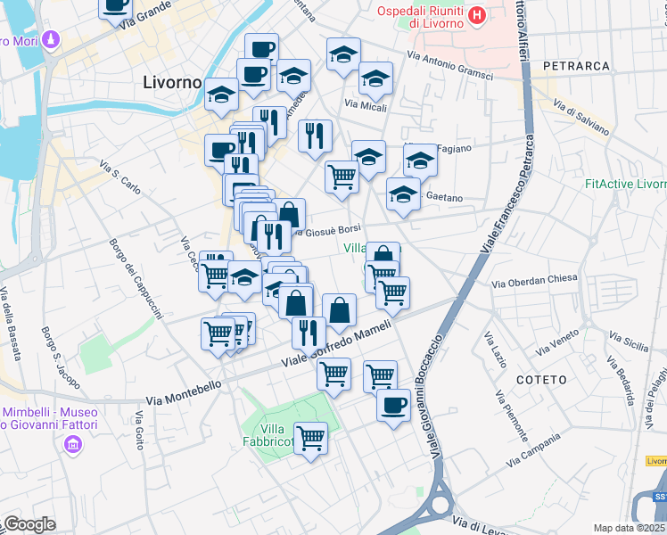 map of restaurants, bars, coffee shops, grocery stores, and more near 5 Via Diomede Bonamici in Livorno