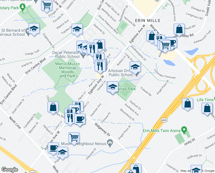 map of restaurants, bars, coffee shops, grocery stores, and more near 3470 Southwick Street in Mississauga