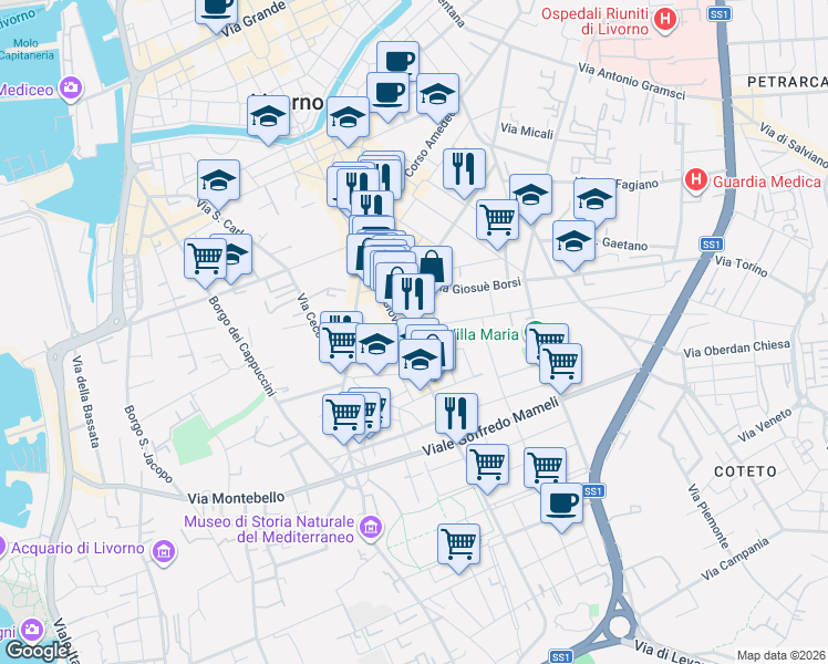 map of restaurants, bars, coffee shops, grocery stores, and more near 6 Via Calzabigi in Livorno