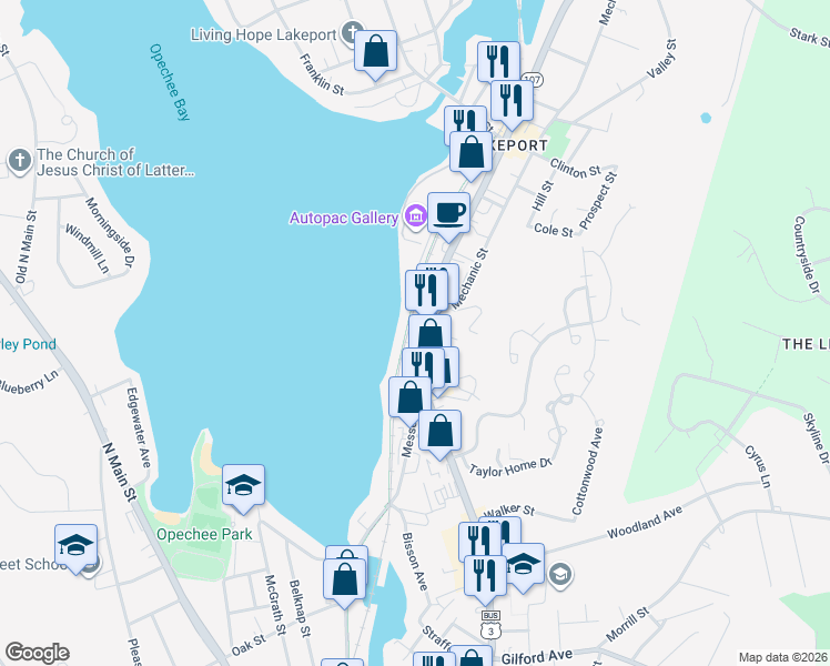 map of restaurants, bars, coffee shops, grocery stores, and more near 570 Union Avenue in Laconia