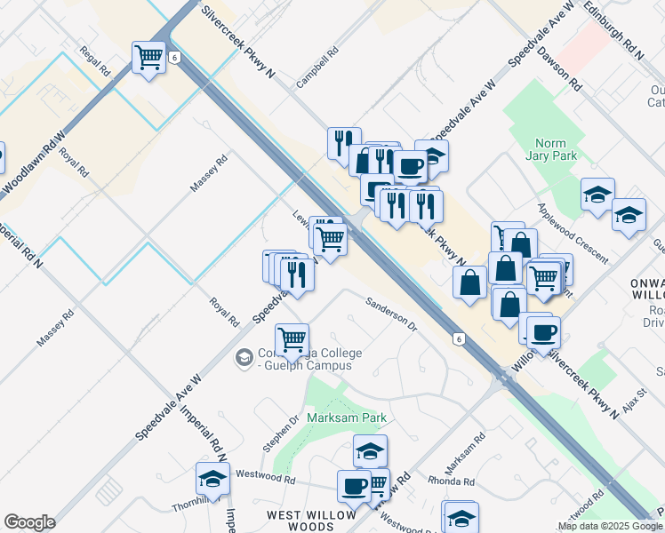map of restaurants, bars, coffee shops, grocery stores, and more near 336 Speedvale Avenue West in Guelph