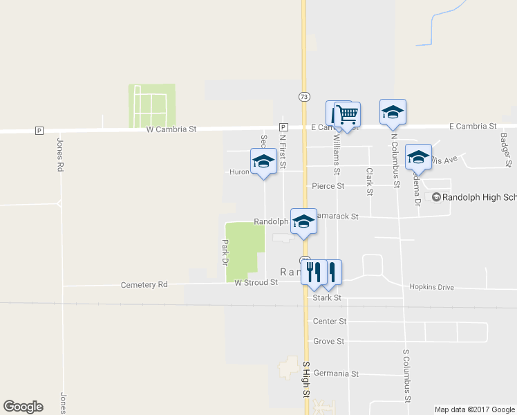map of restaurants, bars, coffee shops, grocery stores, and more near 321 Second Street in Randolph