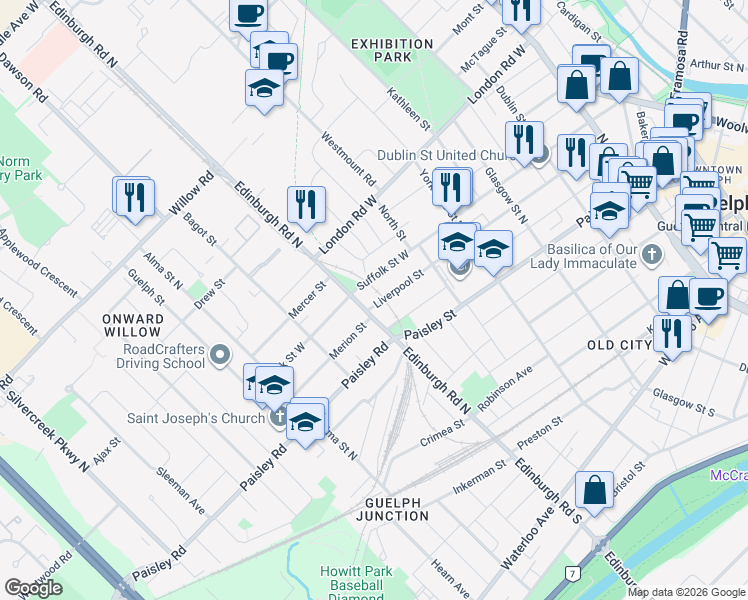 map of restaurants, bars, coffee shops, grocery stores, and more near 265 Liverpool Street in Guelph