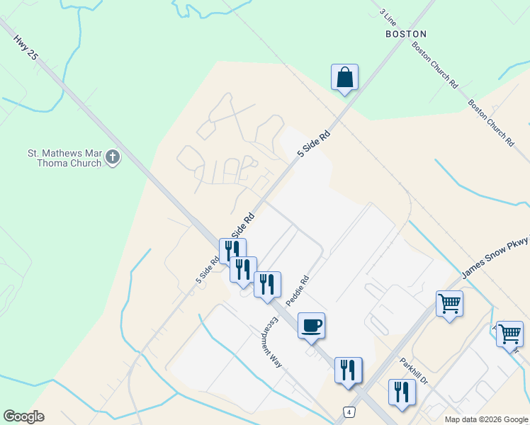 map of restaurants, bars, coffee shops, grocery stores, and more near 100 5 Side Road in Milton