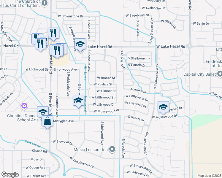 map of restaurants, bars, coffee shops, grocery stores, and more near 9896 West Tilmont Street in Boise