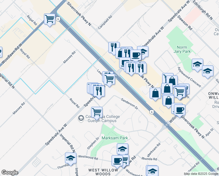 map of restaurants, bars, coffee shops, grocery stores, and more near 336 Speedvale Avenue West in Guelph