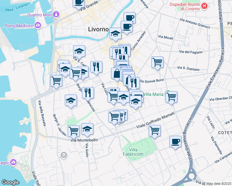 map of restaurants, bars, coffee shops, grocery stores, and more near 100 Via Roma in Livorno