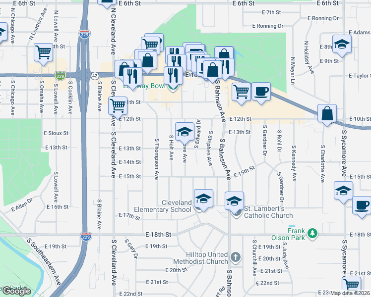 map of restaurants, bars, coffee shops, grocery stores, and more near 3205 East 13th Street in Sioux Falls