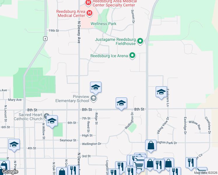 map of restaurants, bars, coffee shops, grocery stores, and more near 1233 8th Street in Reedsburg