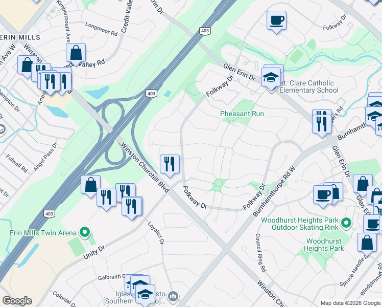map of restaurants, bars, coffee shops, grocery stores, and more near 3976 Taffey Crescent in Mississauga