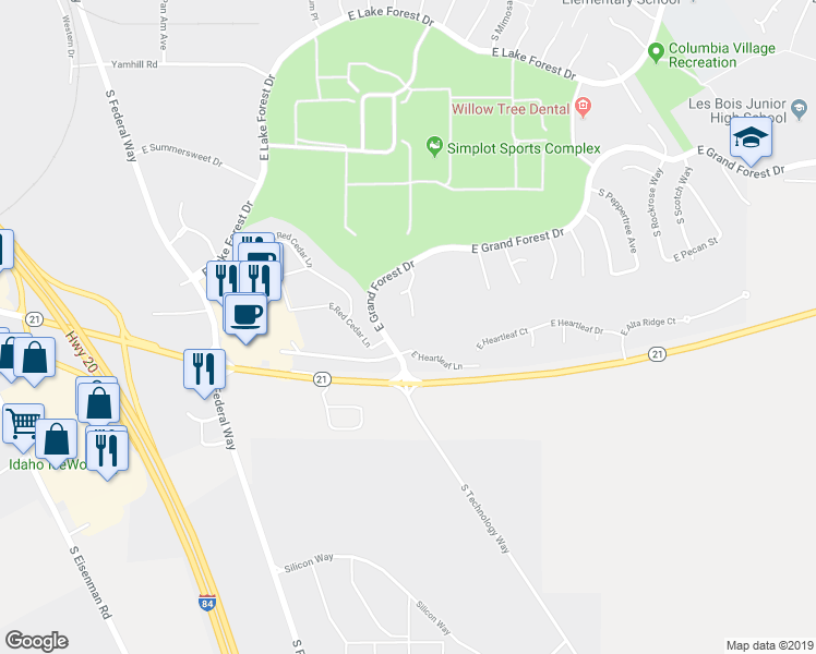 map of restaurants, bars, coffee shops, grocery stores, and more near 6583 South Honeylocust Place in Boise