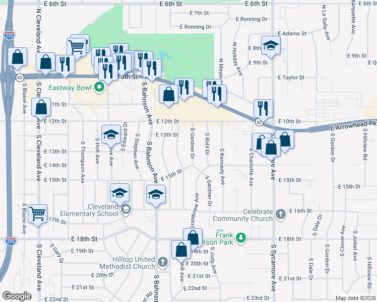 map of restaurants, bars, coffee shops, grocery stores, and more near 70 South Gardner Drive in Sioux Falls