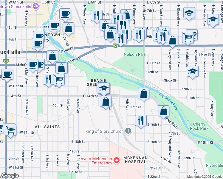 map of restaurants, bars, coffee shops, grocery stores, and more near 824 East 14th Street in Sioux Falls