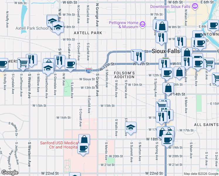 map of restaurants, bars, coffee shops, grocery stores, and more near 510 South Menlo Avenue in Sioux Falls