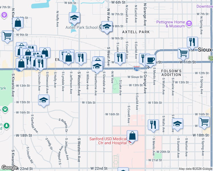map of restaurants, bars, coffee shops, grocery stores, and more near 500-598 S Glendale Ave in Sioux Falls