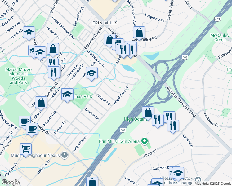map of restaurants, bars, coffee shops, grocery stores, and more near 4760 Glasshill Grove in Mississauga